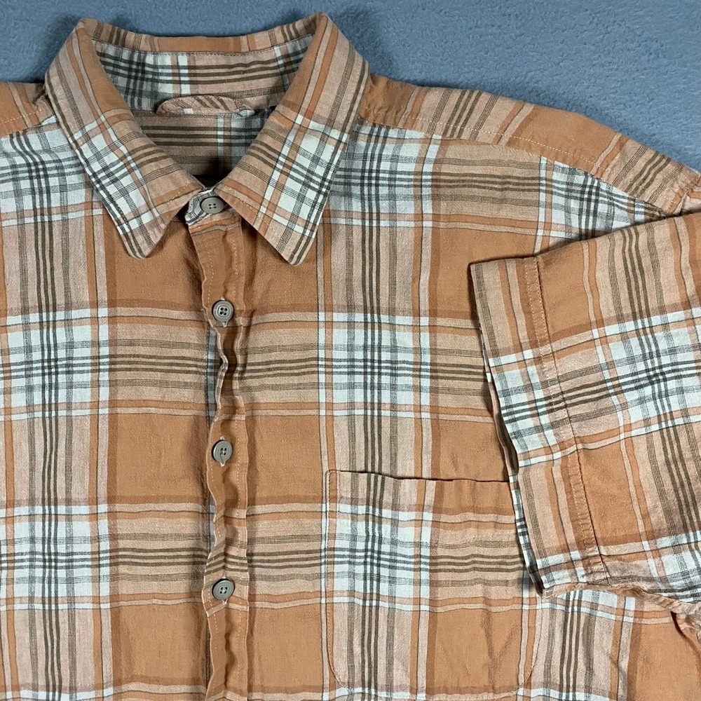 Izod Jeans Button Down Shirt Mens XLT Orange Plaid Linen Blend Short Sleeve
